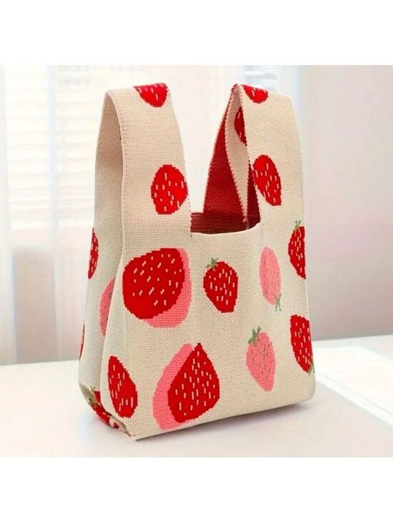 Boutique Handbags - Heavy Woven Knit Strawberry Pattern Tote Purse Bag Japanese Knot  Closure Style